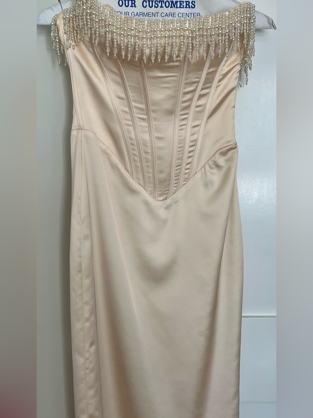 HOUSE OF CB Elegant Strapless Satin Corset Dress in Champagne